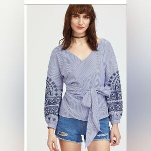 Zara Blue Wrap Blouse‎ with Embroidered Sleeves